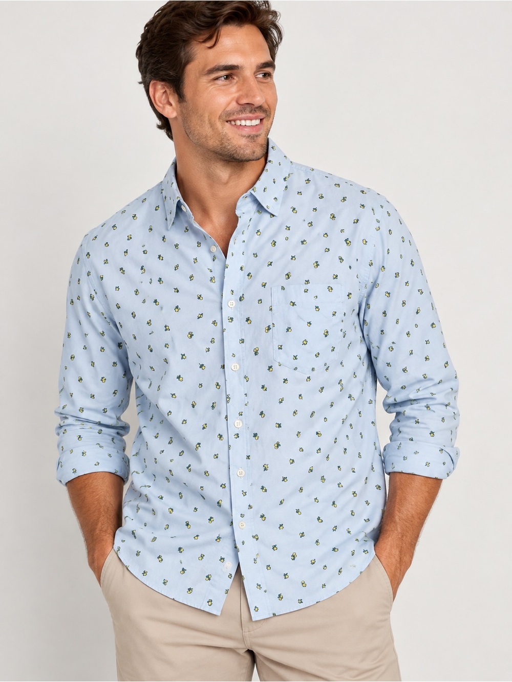 Banana Republic Men’s L Light Blue Lemon Printed Button-Down Shirt. (0027)